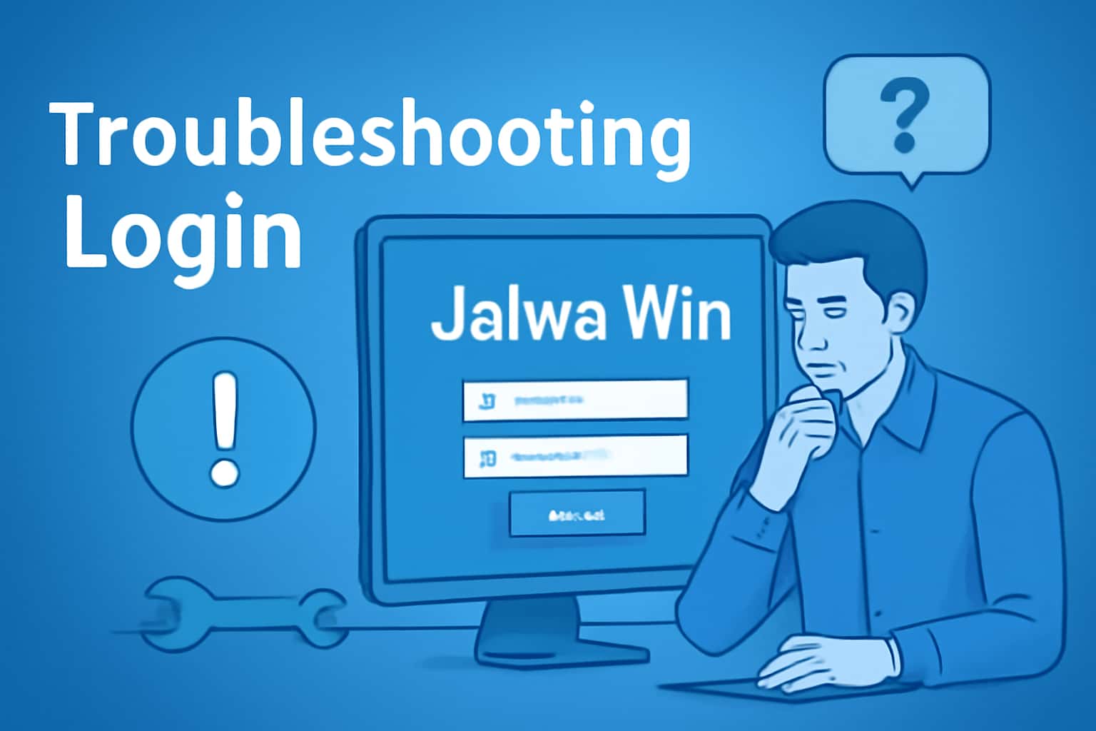 An educational scene illustrating troubleshooting login issues for Jalwa Win, with the text 'Troubleshooting Login' prominently displayed.